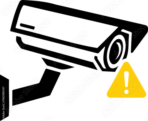 Security camera with yellow warning triangle icon. CCTV surveillance system for industrial safety, monitoring security alerts, and protection against theft or unauthorized access illustration.