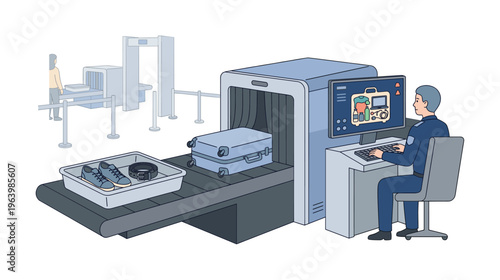 Airport security officer scanning luggage and baggage on a conveyor belt. Vector illustration of travel safety, customs control, and airport terminal procedures.
