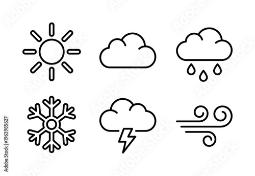Set of weather forecast icons. Minimalist black line symbols for sun, cloud, rain, snow, storm, and wind. Vector illustration for app, UI design, and climate concepts.