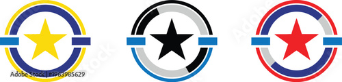 Three distinct colorful star emblems with circular designs and horizontal bars, presented as badges or insignia on a clean white background.