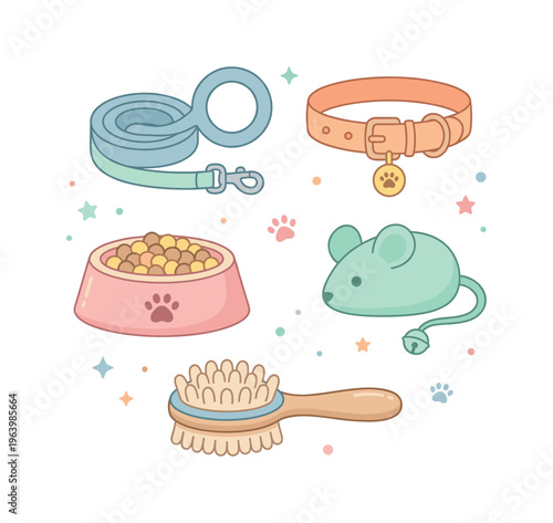Cute vector set of pet accessories: leash, collar, food, toy mouse, and brush. Adorable pastel illustration for pet shop branding, vet clinics, and animal care products.