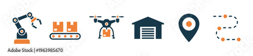 A set of flat vector icons representing modern logistics and supply chain automation. Includes robot arm, drone, warehouse, and delivery tracking for technology concepts.