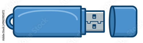 A blue USB flash drive with its cap removed, depicted in a clean cartoon style. Perfect vector illustration for technology, data storage, and digital transfer concepts.