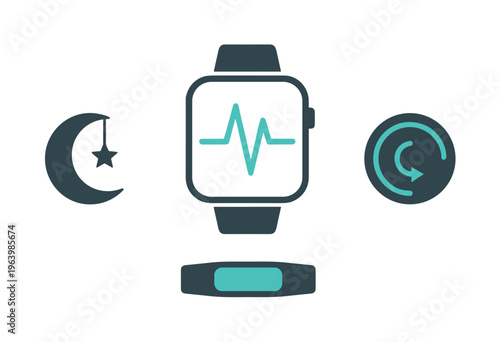 A set of smartwatch icons for health and fitness apps. Vector symbols for heart rate, sleep tracking, and activity sync. Perfect for UI/UX design and wellness concepts.