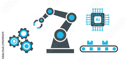 Set of industrial automation icons. Robotic arm, AI chip, conveyor belt, and gears. Concept for smart factory, manufacturing, and Industry 4.0. Vector illustration.