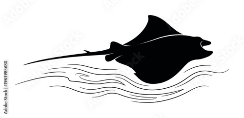 A black silhouette of a stingray or manta ray gracefully jumping over stylized ocean waves. Minimalist vector illustration for logos, icons, and marine or travel themes.