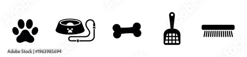 Set of black glyph icons for pet care and supplies. Includes paw, bowl, leash, bone, scoop, and brush. Perfect for pet shops, vets, or grooming service branding and web design.