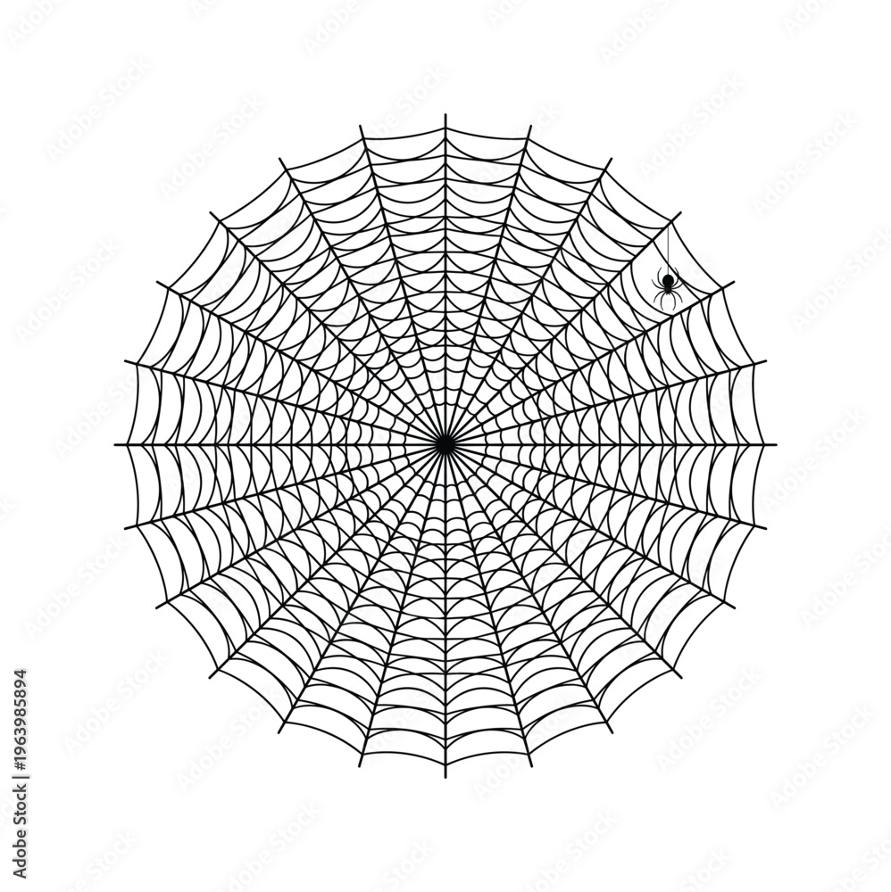 Obraz premium A black circular spiderweb illustration with a tiny spider. A spooky graphic element perfect for Halloween designs, decorations, horror themes, and party invitations.