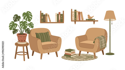 A vector set of cozy living room furniture for home interior design. Armchairs, books, and plants create a warm, relaxing hygge atmosphere. Perfect for home decor concepts.