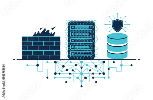 Vector illustration of cybersecurity concept. Shows a firewall, server, and protected database connected by a digital network. Ideal for technology and IT security topics.