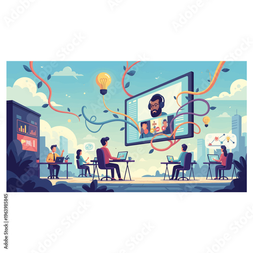 Diverse team collaborating remotely via video conference, learning and sharing ideas under a bright sky, symbolizing modern connectivity and global business growth. Vector art