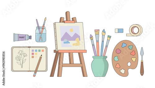 A vector set of artist tools for painting and creativity. Includes easel, brushes, paints, and palette. Perfect for hobby, workshop, or educational concepts.