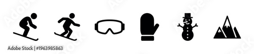 A set of black winter icons for sports and holidays. Features skier, snowboarder, goggles, mitten, snowman, and mountains. Perfect for web design, apps, and infographics.