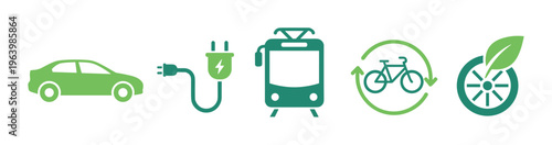 Set of green transportation icons for eco concepts. Includes electric car, charging plug, tram, bicycle. Vector for sustainable urban mobility and environmental design.