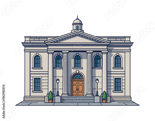 Vector illustration of a classic government building facade. Ideal for concepts of finance, law, education, or authority. Clean, official, and authoritative design.