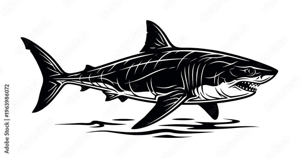 Fototapeta premium A powerful great white shark in a dynamic black and white vector style. This aggressive predator graphic is perfect for mascots, logos, tattoos, or apparel designs.