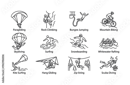 A set of extreme sports line icons for adventure travel and outdoor activities. Includes paragliding, climbing, surfing. Vector graphic pack for web design, apps, and infographics.