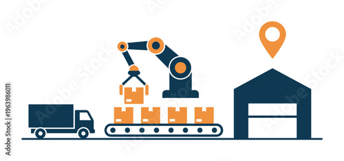 Vector illustration of an automated warehouse with a robotic arm loading boxes onto a conveyor belt for truck delivery. Concept for logistics, shipping, and supply chain management.