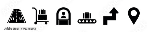 Airport and travel vector icon set for transportation and tourism design. Includes runway, luggage, baggage claim, direction, and location symbols for web or mobile apps.