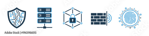 Modern flat vector icons for cyber security and data protection. Features shield, server, network, firewall, and biometric symbols for digital technology themes.