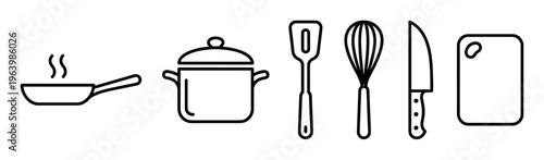 A set of black linear kitchen utensils and cookware icons. Includes pan, pot, spatula, whisk, knife, board. For restaurant menus, culinary blogs, or recipe app design.
