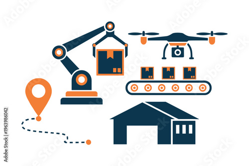 Vector icon set for modern logistics. Shows warehouse automation, robotic arm, conveyor, drone delivery, and location tracking. Perfect for supply chain and tech concepts.