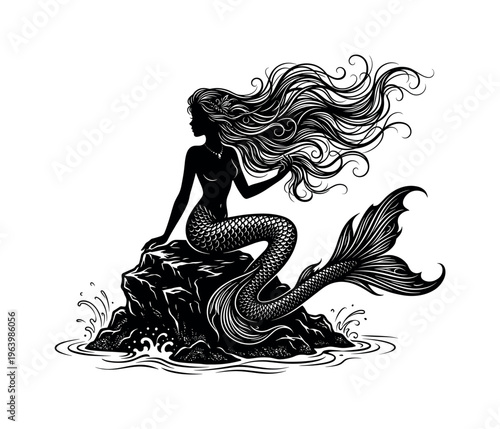 An elegant black silhouette of a mermaid sitting on a rock. Her long hair flows in the wind. A mythical graphic vector for logos, tattoos, or fantasy art.