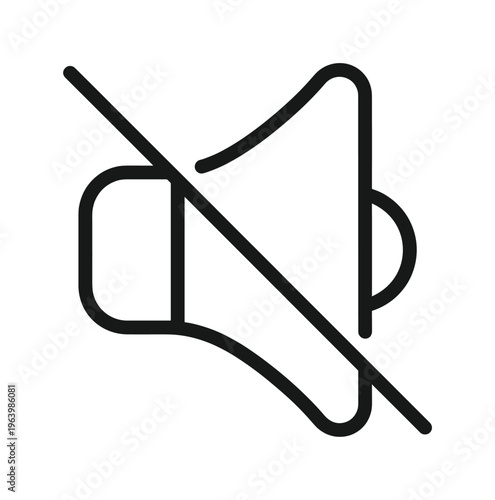 A simple black line icon of a speaker with a slash, representing mute, sound off, or silent mode. Ideal for UI, web design, and app interfaces.