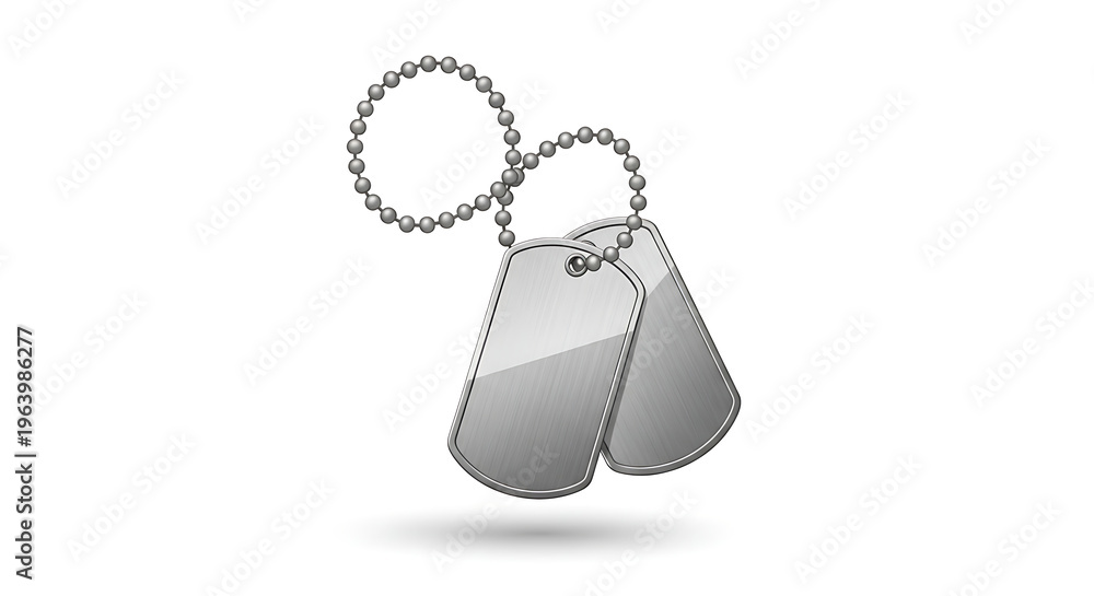 Fototapeta premium Pair of shiny metal dog tags on a beaded chain against a white background with a shadow