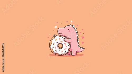 Charming Kawaii Dinosaur Hugs a Delicious Donut with Colorful Sprinkles