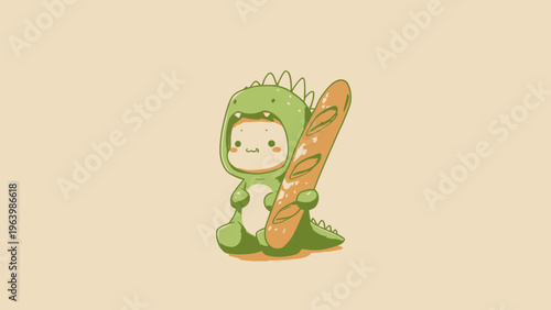 Whimsical Little Cartoon Dinosaur Character Joyfully Carrying a Warm, Crusty French Baguette