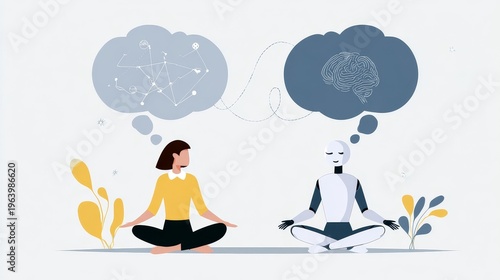 Woman and robot sit quietly in meditative pose