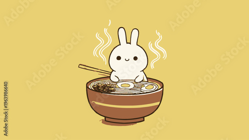 Kawaii Chibi Rabbit Enjoying Steaming Hot Ramen Bowl A Cute and Cozy Illustration