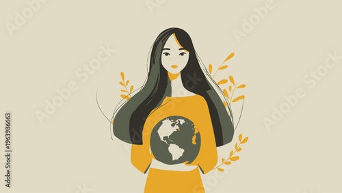 Caring Young Woman Gently Holding and Supporting the Earth, Representing Global Environmental Protection and Sustainability Efforts