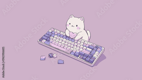 A kawaii white cat holding a pink heart over a purple mechanical keyboard with detached keys, on a lavender background