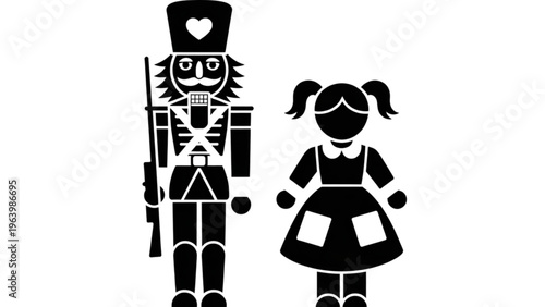 A stylized robot and girl standing side by side in black and white Vector