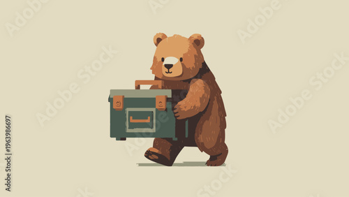 Charming Bear Carrying a Vintage Toolbox with a Determined Stride