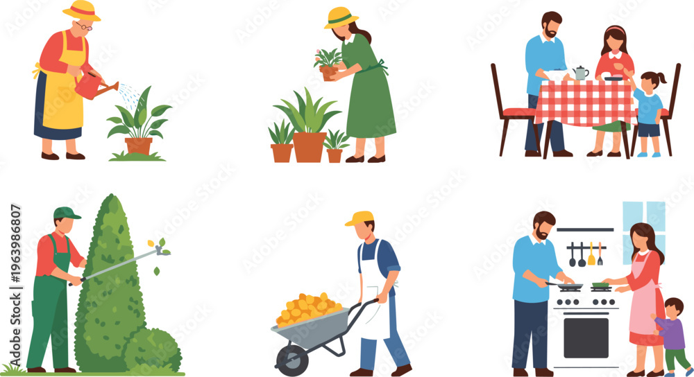 Naklejka premium Family Household and Gardening Vector Illustration Set Featuring Grandmother Watering Plants, Couple Cooking, Landscaping, and Dinner Time for Domestic Life Designs