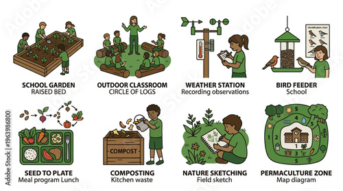 School Garden and Sustainability Education Outdoor Learning Activities Illustrations