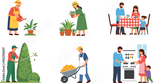 Family Household and Gardening Vector Illustration Set Featuring Grandmother Watering Plants, Couple Cooking, Landscaping, and Dinner Time for Domestic Life Designs