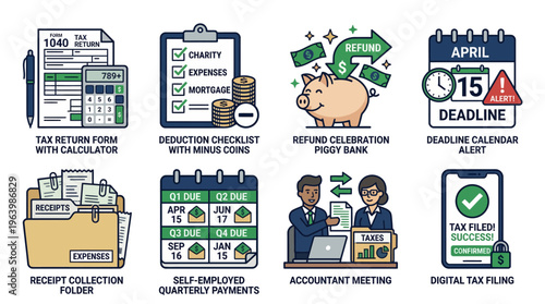Set of tax filing and accounting service flat vector icons