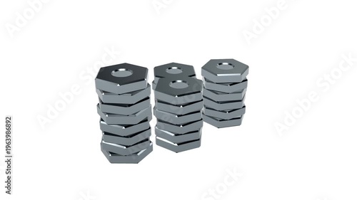 spinning stacks of hex nuts on white background video