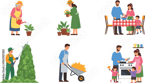 Family Lifestyle Vector Illustration Set Featuring Gardening, Landscaping, and Home Cooking Activities with Grandmother, Parents, and Children for Domestic Life Projects