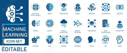 Machine learning and artificial intelligence icon set. featuring chatbot, AI assistant, neural network, big data, and automation in blue flat design style.