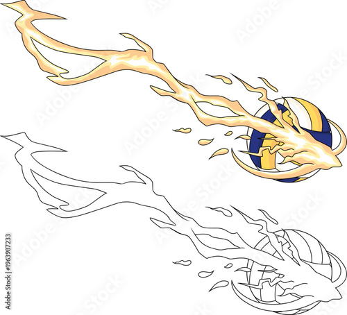 Dynamic illustration set a volleyball ball soaring with a powerful lightning bolt effect.Concept of speed, power spike, and competitive sports energy.