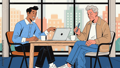 Two men collaborating on a laptop at a table by a window