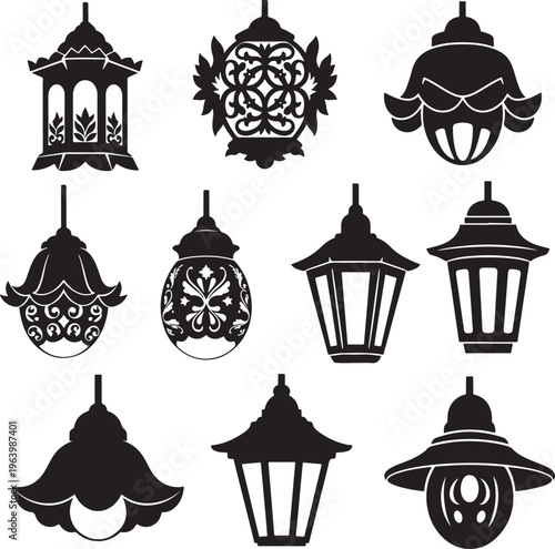 Black Silhouette Lanterns Set with Ornate Designs