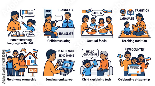 Immigrant family integration and cultural heritage illustration set