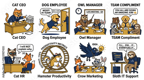 Anthropomorphic animal office satire and corporate work culture illustrations