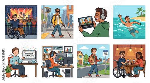 Inclusive illustrations of diverse people in everyday life situations